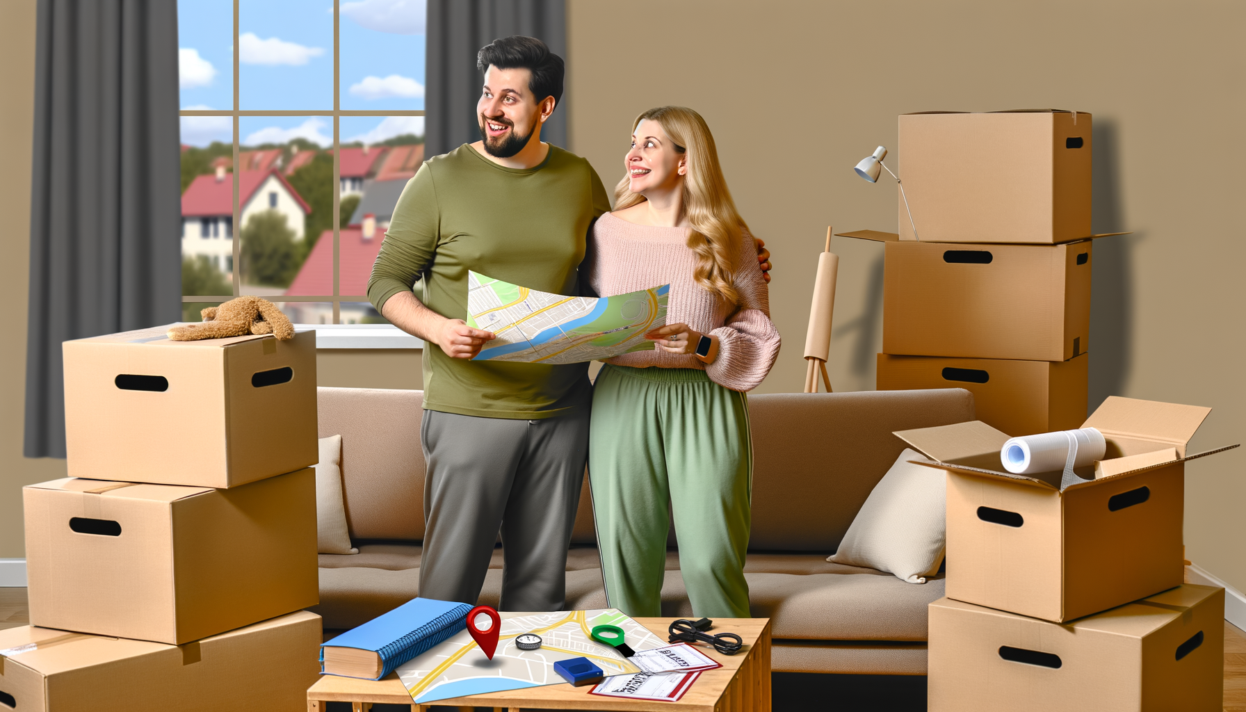 "alt=Un couple heureux déballant des cartons dans leur nouveau domicile après avoir déménagé pour suivre le conjoint"
