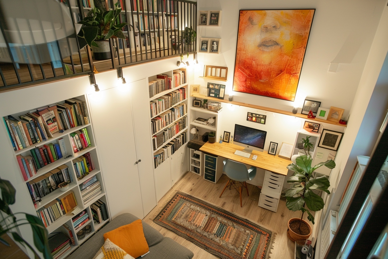 Aménagement d'un coin bureau fonctionnel et élégant dans un petit appartement, illustrant les clefs pour maximiser l'espace et le confort.