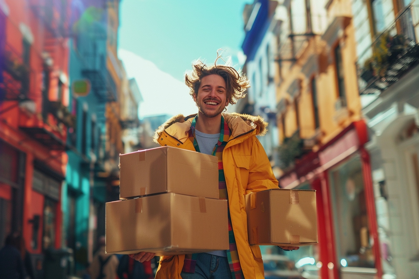 Deux personnes souriantes portant des cartons facilement dans les rues de Perpignan, illustrant un déménagement sans camion efficace et serein.